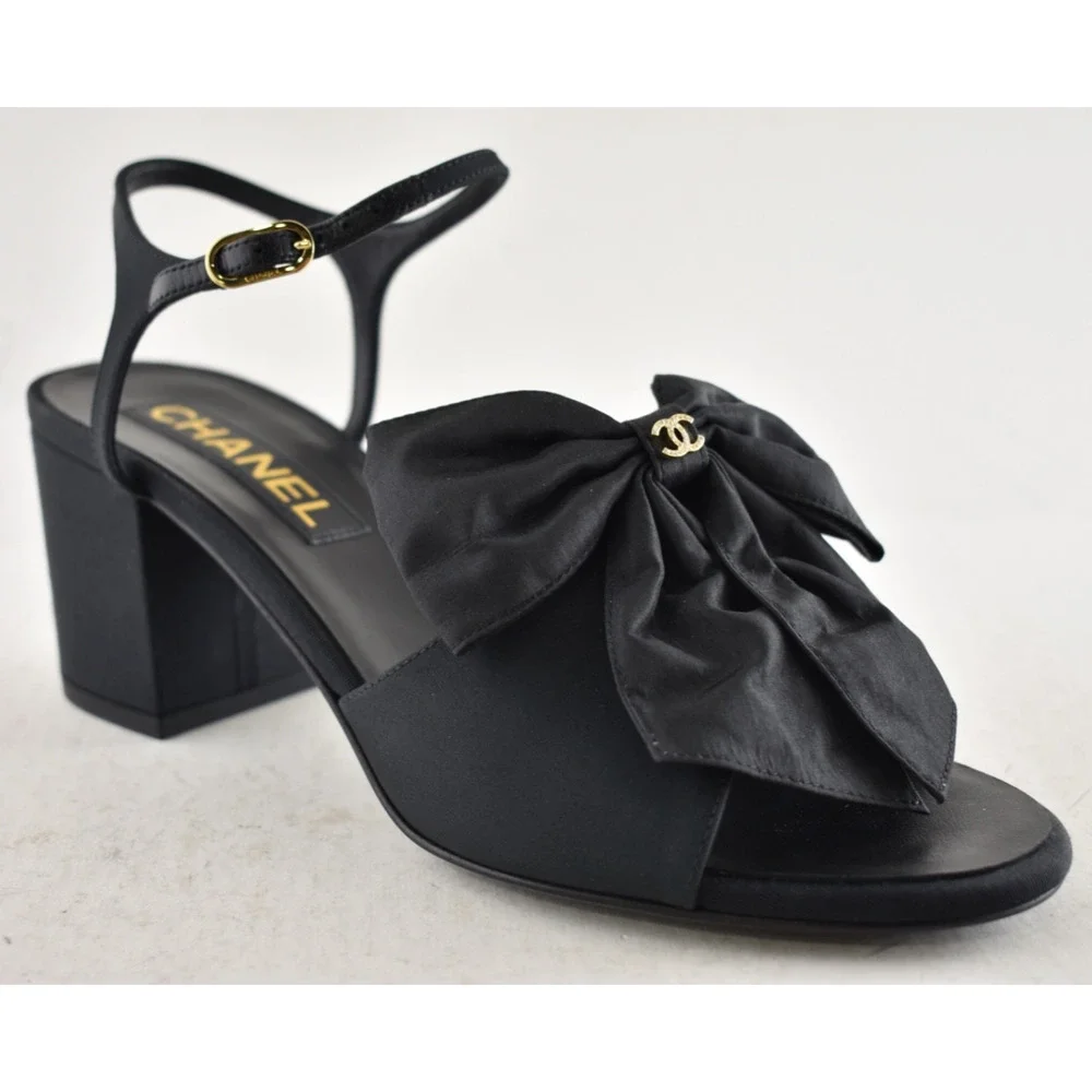 Chanel 24A Black Silk Bow Crystal CC Logo Ankle Strap Block Heel Sandals 42 - Picture 6 of 16